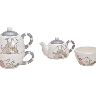 Teekannen Set Katzen-Familie Dekor aus Keramik Grau 2er Set, (B/H/T) 19x16x11cm 450/375ml