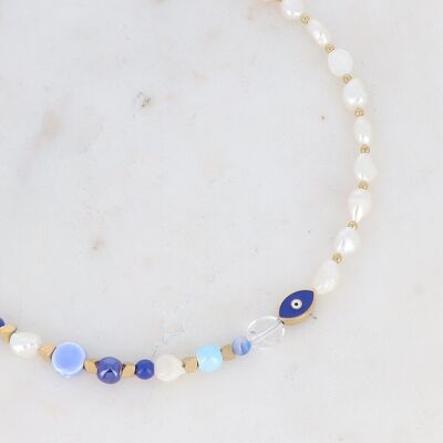 Gold Huyana necklace with blue ceramic