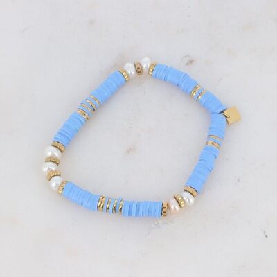 Bracelet Korail doré élastique avec perles Heishi bleues et perles d'eau douce