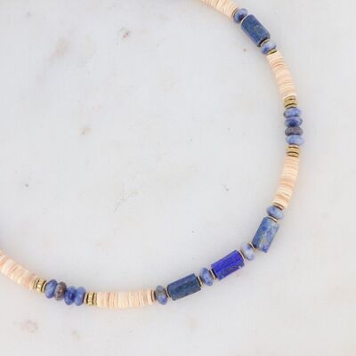 Golden Taïssia necklace with beige shells and Sodalite stones