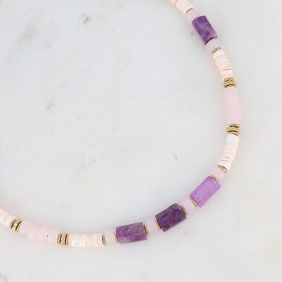 Golden Taïssia necklace with pink shells and Amethyst and Rose Quartz stones