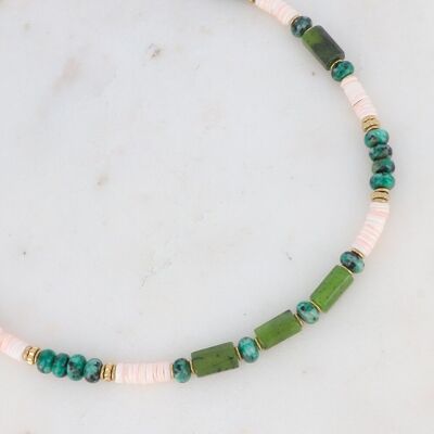 Golden Taïssia necklace with pink shells and Green Jasper and African Turquoise stones