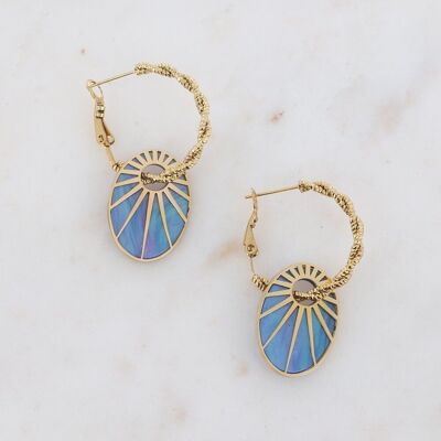 Caméo twisted golden hoop earrings with purplish blue oval acetate