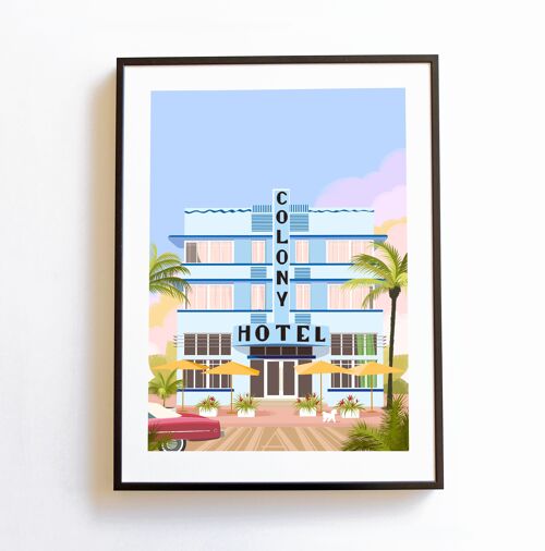 Affiche Colony Hotel Miami, hotel Art Déco Miami Floride vintage A3