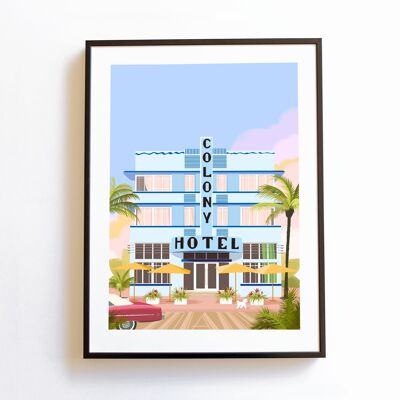 Affiche Colony Hotel Miami, hotel Art Déco Miami Floride vintage A3