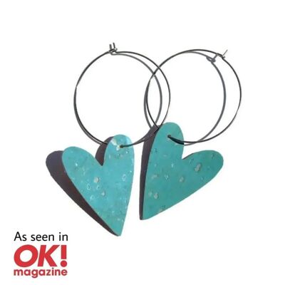 Boucles d'oreilles créoles gros coeur turquoise liège