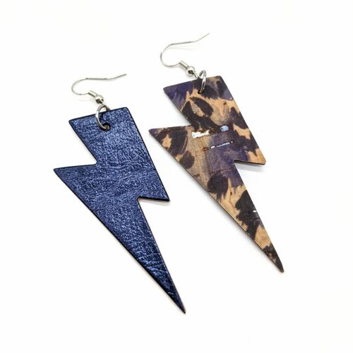 Double sided metallic blue and animal print cork lightning earrings - Gold Hoop - Small