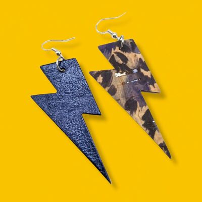 Double sided metallic blue and animal print cork lightning earrings - Silver Hook - Big