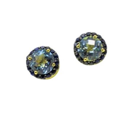 Button Earrings with Blue Topaz and Blue Sapphires