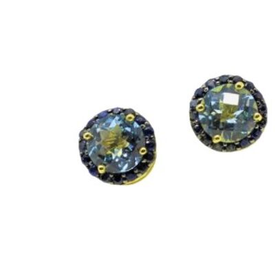 Button Earrings with Blue Topaz and Blue Sapphires