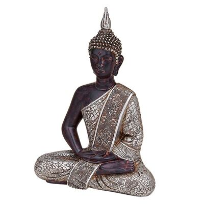 Buddha sitzend in silber aus Poly, 29 cm
