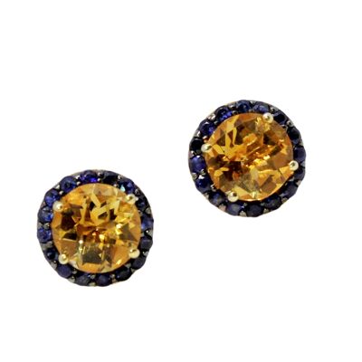 Button Earrings with Citrine and Blue Sapphires