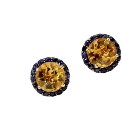 Button Earrings with Citrine and Blue Sapphires