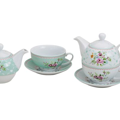 Teekannen-Set 3-teilig mit Blumen, türkis/weiß, aus Porzellan, 2-fach sortiert