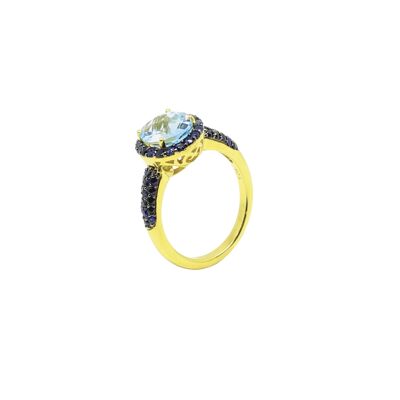 Bague Bouton avec Topaze Bleue et Saphirs Bleus