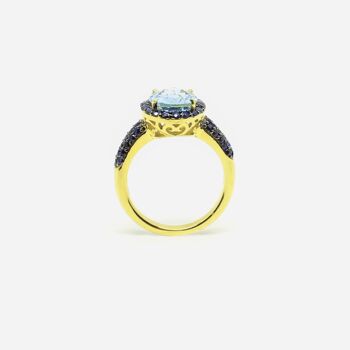 Bague Bouton avec Topaze Bleue et Saphirs Bleus 3