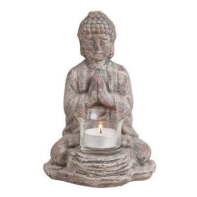 Teelichthalter Buddha Grau aus Keramik, B13 x T12 x H19 cm