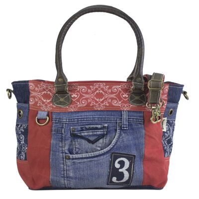 Sunsa large handbag made from recycled denim & red canvas. Sustainable shoulder bag.