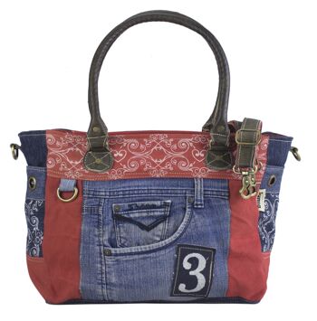 Grand sac à main Sunsa en denim recyclé et toile rouge. Sac à bandoulière durable. 1