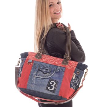 Grand sac à main Sunsa en denim recyclé et toile rouge. Sac à bandoulière durable. 5