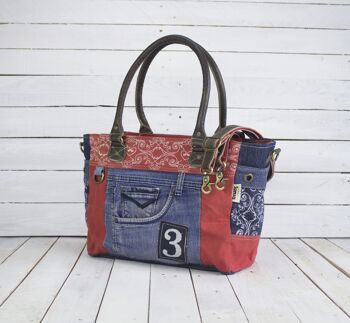 Grand sac à main Sunsa en denim recyclé et toile rouge. Sac à bandoulière durable. 10