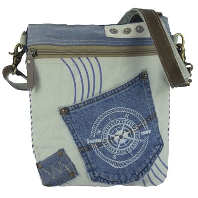 Sunsa women's bag, sustainable shoulder bag made from recycled jeans & canvas. Maritime motif