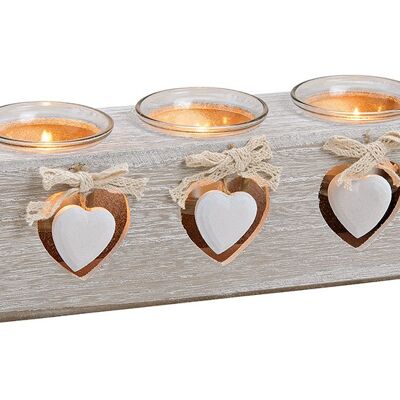 Teelichthalter 3er Herz Dekor aus Holz, Glas Weiß (B/H/T) 24x8x7cm