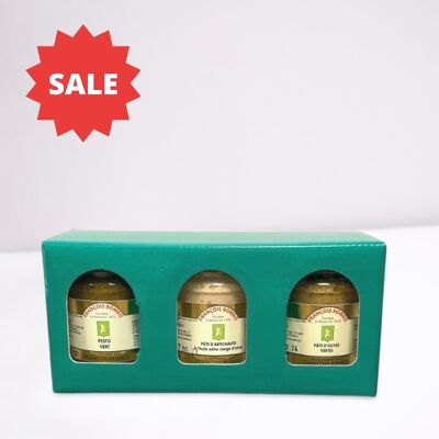 Coffret 3 pots tartinables ( Pesto vert, pâte d'artichaut, pâte d'olives vertes)