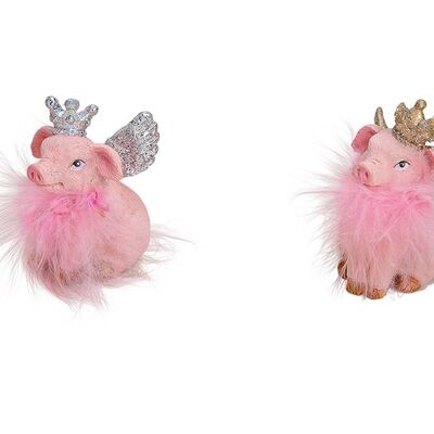 Schwein mit Krone, Flügeln und Federn aus Poly Pink/Rosa 2-fach, (B/H/T) 3x5x3cm