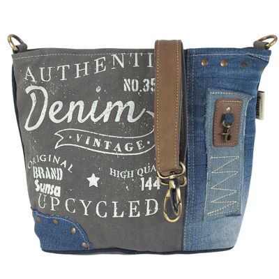 Sunsa shoulder bag made from recycled jeans & canvas. Sustainable crossbody with vintage motif