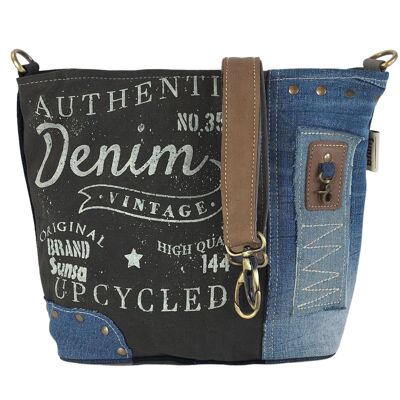 Borsa a tracolla Sunsa realizzata con jeans e tela riciclati. Tracolla sostenibile con motivo vintage