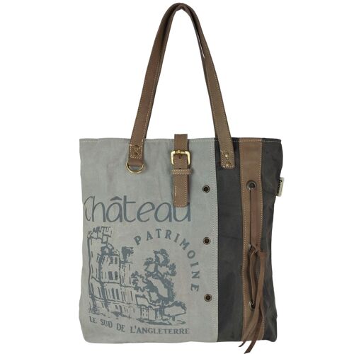 Sunsa Vintage Handtasche. große Tasche/ Schultertasche. graue Shopper aus Canvas mit Leder