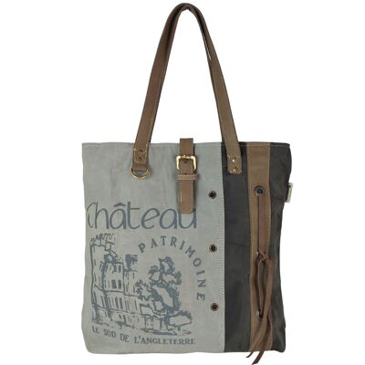 Sunsa vintage handbag. large bag/shoulder bag. gray shopper made of canvas with leather