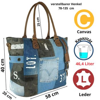 Sac vintage Sunsa. Sac de plage XXL en jean & toile recyclés. grand cabas/sac à bandoulière weekender 3