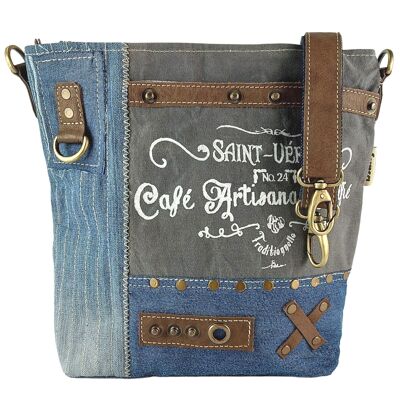 Sunsa Damen Tasche aus recycelter Jeans. Umhängetasche mit Vintage Druckmotive