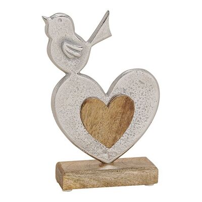 Aufsteller Vogel auf Herz aus Metall, Mango Holz Sockel, Silber, braun (B/H/T) 14x22x5cm