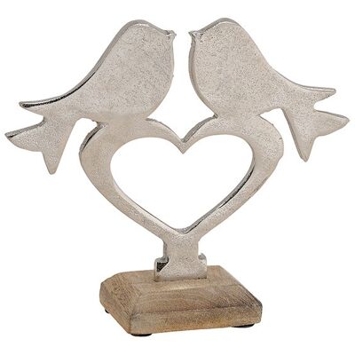 Aufsteller Vogel auf Herz aus Metall auf Mangoholz Sockel Silber, braun (B/H/T) 19x17x6cm