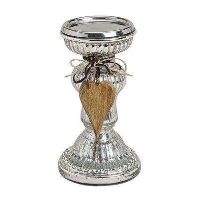 Kerzenhalter aus Glas mit Holz Herz Anhänger Silber (B/H/T) 11x21x11cm Ø11cm
