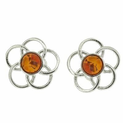 Grandi orecchini a bottone con fiore d'ambra color cognac e scatola di presentazione