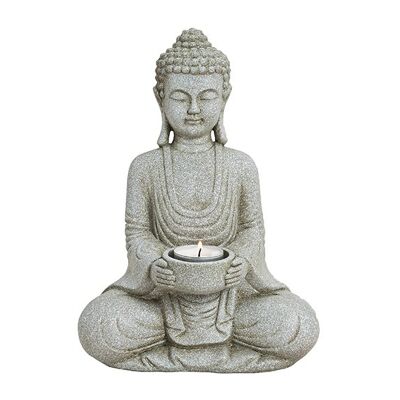Buddha mit Teelichthalter in grau aus Poly, B18 x T11 x H27 cm