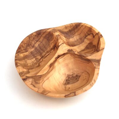 3-compartment serving bowl made of olive wood
