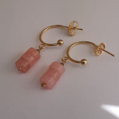 Boucle d'oreille demi cercle pierre gemme disque quartz rose