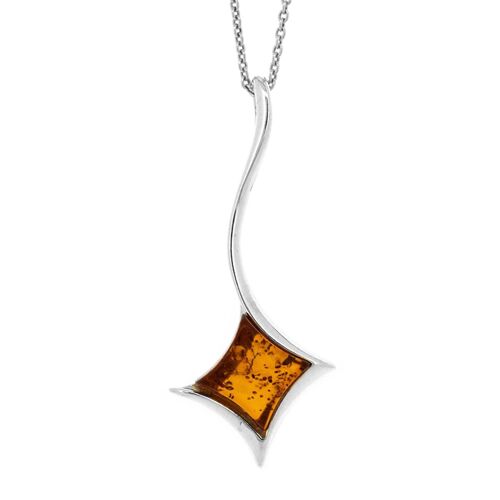 Cognac Amber Diamond Wave Pendant with 18" Trace Chain and Presentation Box