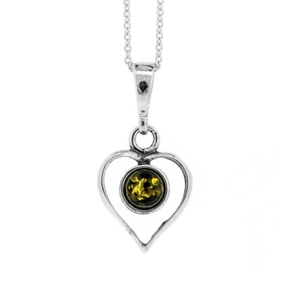 Pendentif Coeur Ambre Vert avec Chaîne Trace 18" et Boîte de Présentation