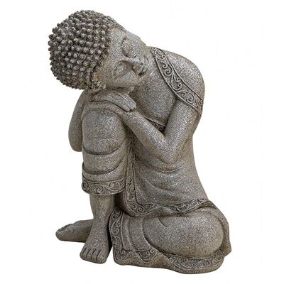 Buddha sitzend in grau aus Poly, B14 x H20 cm