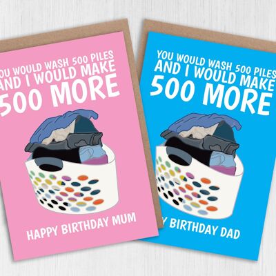 Divertida tarjeta de cumpleaños para mamá o papá: Tú lavarías 500 montones y yo haría 500 más
