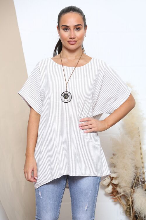 Beige stripe pattern top with necklace