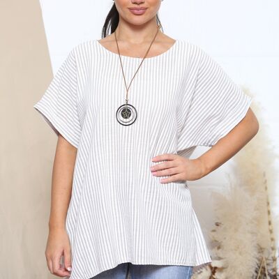 Beige stripe pattern top with necklace