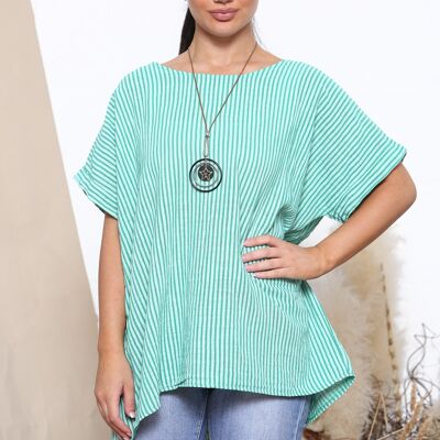 Green stripe pattern top with necklace