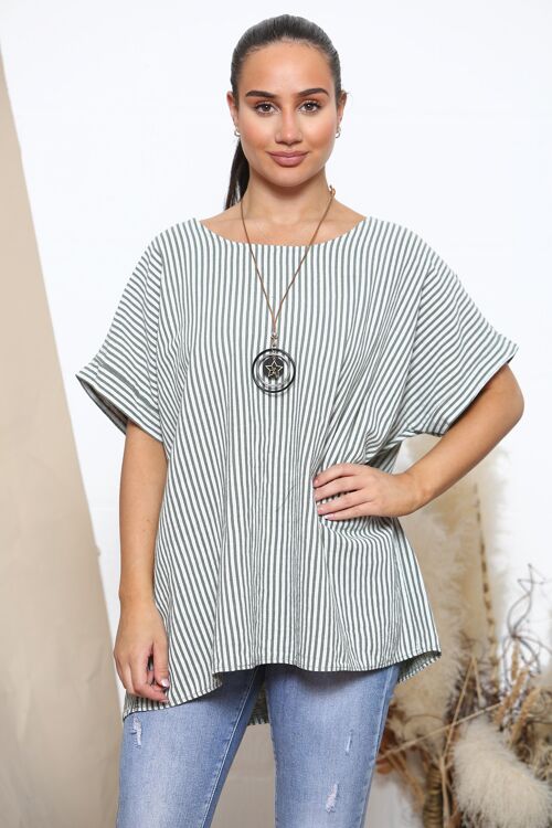 Khaki stripe pattern top with necklace